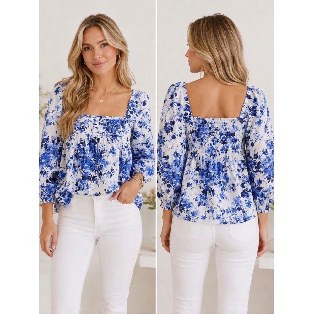 Tuckernuck Blue Bells Meadow Floral Smocked Square Neck Tilly Blouse Top NWT